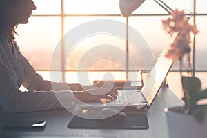 Adult businesswoman working at home using computer, studying business ideas on a pc screen