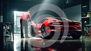Adult Car Detailer in Uniform Washing a Red Sports Car with a High Pressure Cleaner. generative ai