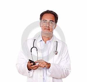 Adult charismatic doctor sending a message