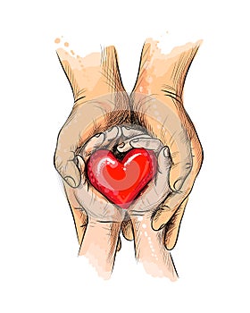 Adult and child hands holding red heart, health care, donate, world heart day