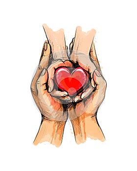 Adult and child hands holding red heart, health care, donate, world heart day