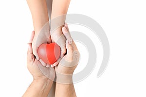 Adult and child hands holding red heart isolated