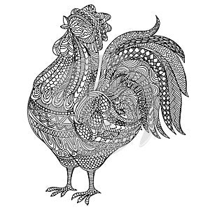 Adult and children Coloring book cock. Farm animlas. Hand-drawn hen with ethnic floral doodle pattern. For adults