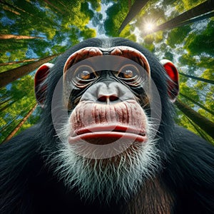 Adult chimpanzee peers into viewpoint, in unique portrait