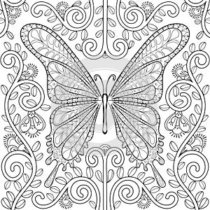 Adult coloring book with butterfly in flowers pages, zentangle v