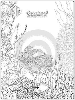 Adult coloring book. Coloring page with underwater world coral reef.