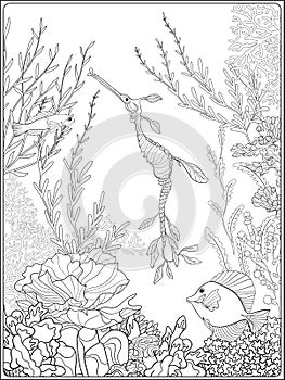 Adult coloring book. Coloring page with underwater world coral reef.