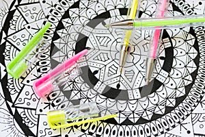 Adult coloring book, new stress relieving trend. Art therapy, mental health, creativity and mindfulness concept. Adult coloring.