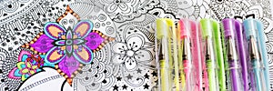 Adult coloring book, new stress relieving trend. Art therapy, mental health, creativity and mindfulness concept.