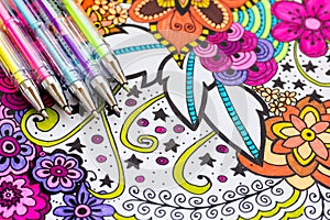 Adult coloring book, new stress relieving trend. Art therapy, mental health, creativity and mindfulness concept. Adult coloring.