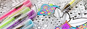 Adult coloring book, new stress relieving trend. Art therapy, mental health, creativity and mindfulness concept. Web banner.