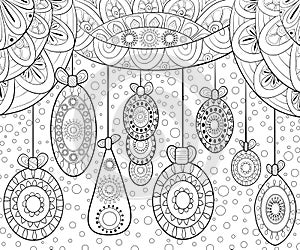 Adult coloring book,page a Christmas background with decoration balls for relaxing.Zentangle.