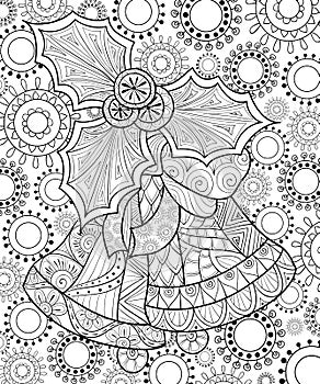 Adult coloring book,page a Christmas bells on the background with decoration ornaments for relaxing.Zentangle.