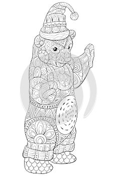 Adult coloring book,page a Christmas dancing bear with decoration ornaments for relaxing.Zentangle.