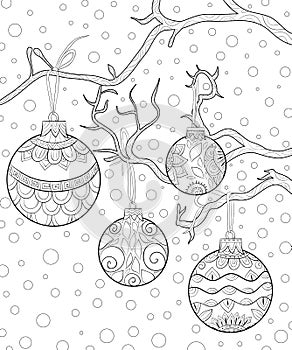 Adult coloring book,page a Christmas decoration balls on the brunch for relaxing.Zentangle.