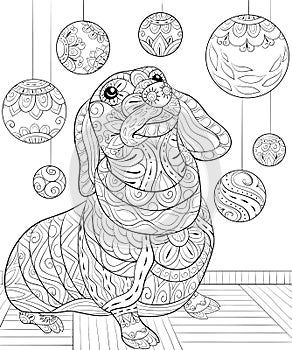 Adult coloring book,page a Christmas dog on the background with decoration ornaments for relaxing.Zentangle.