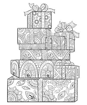 Adult coloring book,page a Christmas gift with decoration ornaments for relaxing.Zentangle.