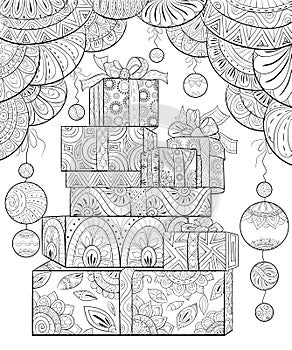 Adult coloring book,page a Christmas gifts with decoration ornaments for relaxing.Zentangle.