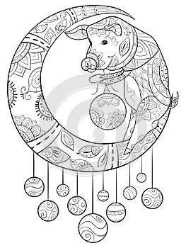 Adult coloring book,page a Christmas pig on the moon with decoration ornaments for relaxing.Zentangle.