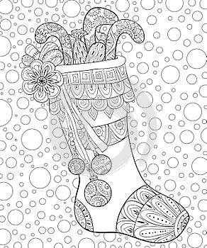 Adult coloring book,page a Christmas shoe with gifts with decoration ornaments for relaxing.Zentangle.