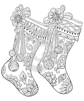 Adult coloring book,page a Christmas shoes with decoration ornaments for relaxing.Zentangle.