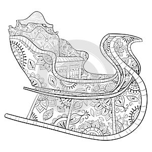 Adult coloring book,page a Christmas sleigh with decoration ornaments for relaxing.Zentangle.