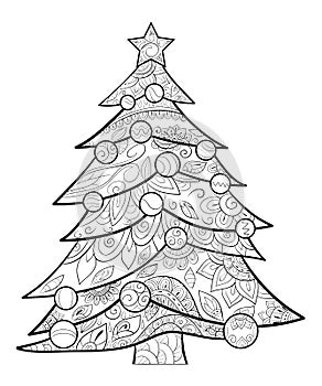 Adult coloring book,page a Christmas tree with decoration ornaments for relaxing.Zentangle.