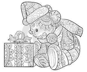 Adult coloring book,page a cute bear with gift for relaxing.Zen art style illustration.