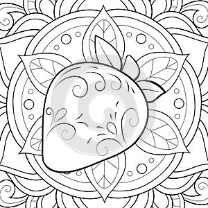 Adult coloring book,page a cute berry  on the abstract background with ornaments image for relaxing.Zen art style illustration for