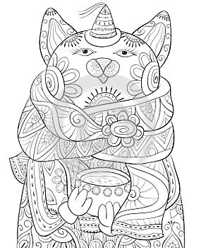 Adult coloring book,page a cute cat with Christmas cap for relaxing.