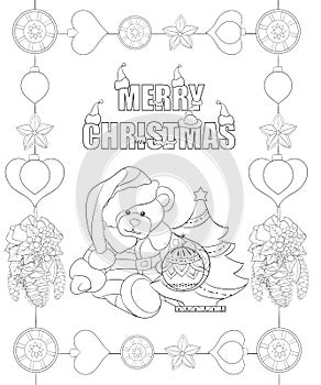 Adult coloring book,page a cute Christmas bear with cap and Christmas tree and lettering for relaxing.Line art style illustration.