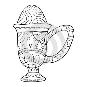 Adult coloring book,page a cute cup with an egg with ornaments image for relaxing.Zen art style illustration for print