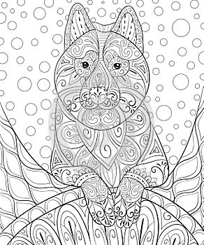 Adult coloring book,page a cute dog on the abstract background for relaxing.Zen art style illustration.