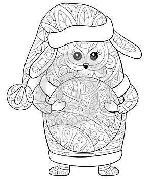 Adult coloring book,page a cute dog with Christmas cap,scarf,boots with decoration ball in his hands image for relaxing.Zen art