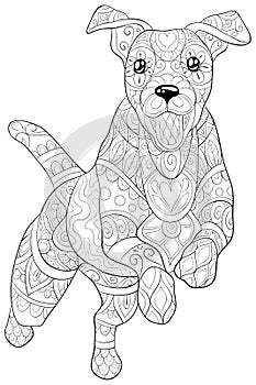 Adult coloring book,page a cute dog image for relaxing activity.Zen art style illustration for print.