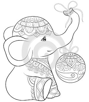 Adult coloring book,page a cute elephant with Christmas decoration balls image for relaxing.Zen art style illustration.