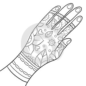 Adult coloring book,page a cute hand with ornaments image for relaxing.Zen art style illustration for print