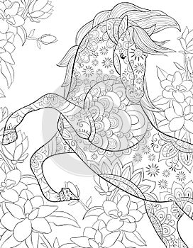 Adult coloring book,page a cute horse image for relaxing.