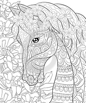 Adult coloring book,page a cute horse,image for relaxing.