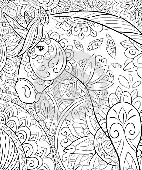 Adult coloring book,page a cute horse,unicorn image for relaxing.