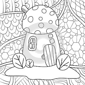 Adult coloring book,page a cute mushroom house on the abstract background with ornaments image for relaxing.Zen art style