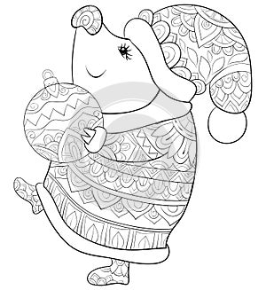 Adult coloring book,page a cute pig wearing a Christmas cap and decoration ball with ornaments image for relaxing.Zen art style