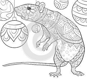 Adult coloring book,page a cute rat image with Christmas decoration balls image for relaxing.Zen art style illustration.