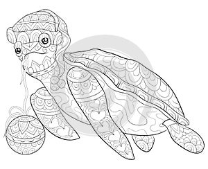 Adult coloring book,page a cute turtle with Christmas decoration ball image for relaxing.Zen art style illustration.