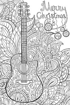 Adult coloring book,page a guitar on the floral background Christmas decoration balls on the brunch for relaxing.Zentangle.