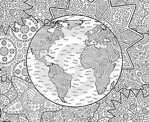 Adult coloring book page with planet earth