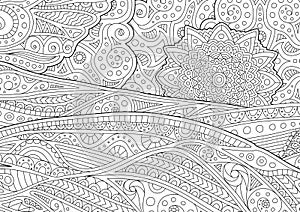 Adult coloring book page with stylized landscape