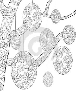 Adult coloring book,page a tree full of Easter Eggs for relaxing.Zen art style illustration.