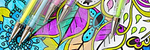 Adult coloring book, stress relieving trend. Art therapy, mental health, creativity and mindfulness concept. Flat lay web banner.