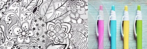 Adult coloring book, stress relieving trend. Art therapy, mental health, creativity and mindfulness concept. Flat lay web banner.